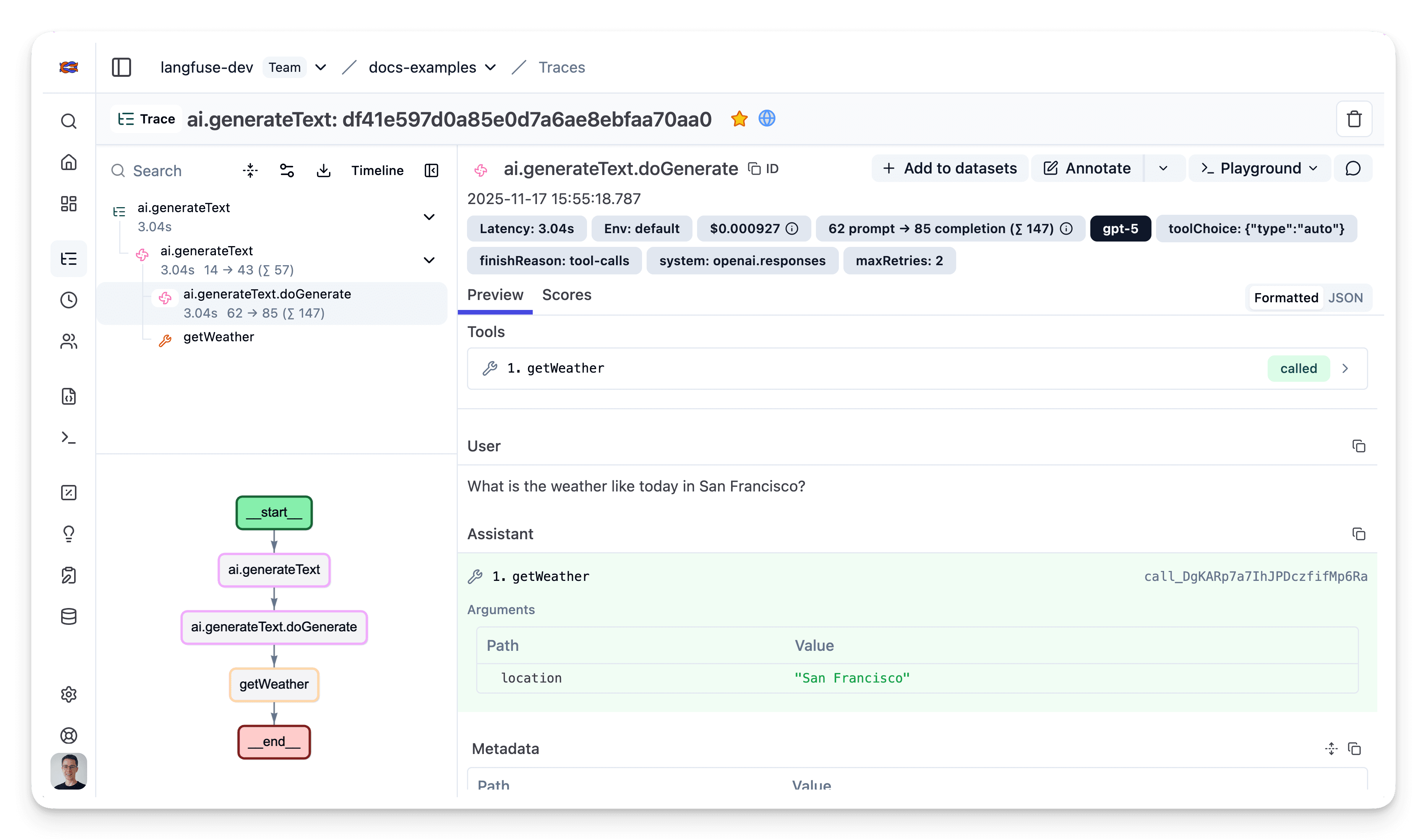 Example trace in Langfuse